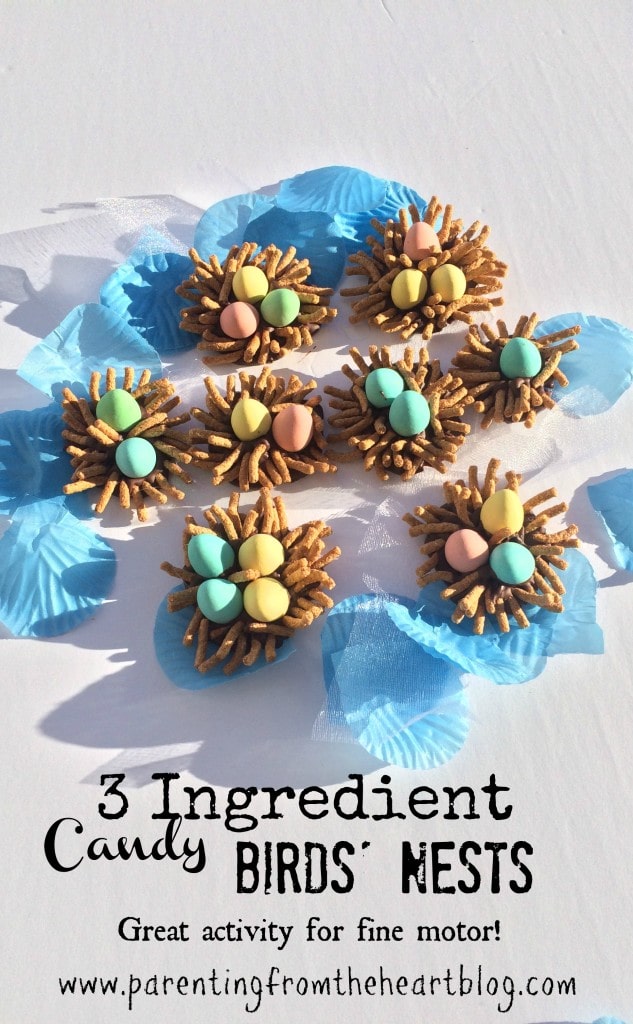 These 3 Ingredient Candy Birds' Nests are very simple to make with young kids and offer great fine motor practice.