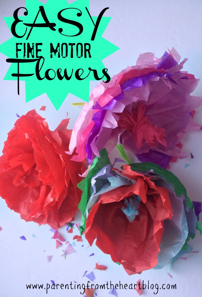 Make super easy fine motor flowers with only two supplies. Great for Spring and Easter decorations! Helps your child work on fine motor, their pincer grip, and gives them practice with scissors