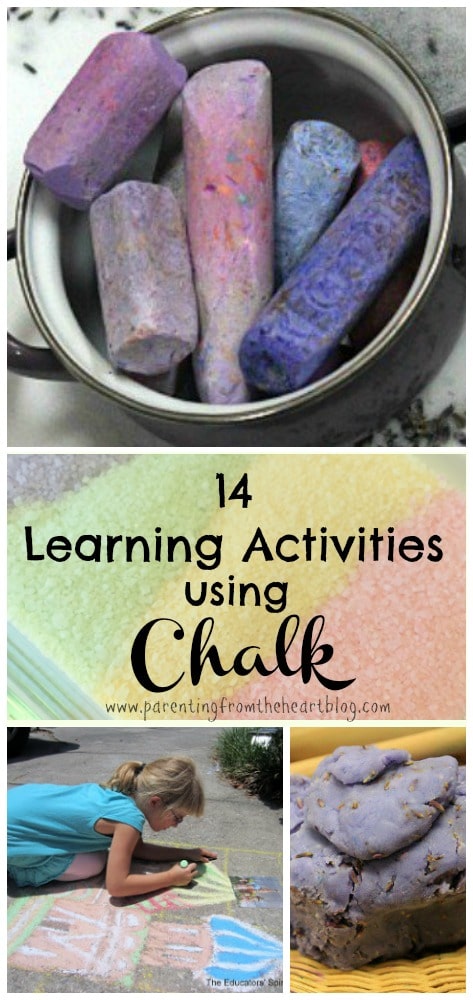 At the end of the summer, we are left with a lot of broken down chalk. Here are 14 learning activities using chalk that include sensory play ideas, kids arts and crafts, STEM, STEAM, and so many more perfect for play-based learning