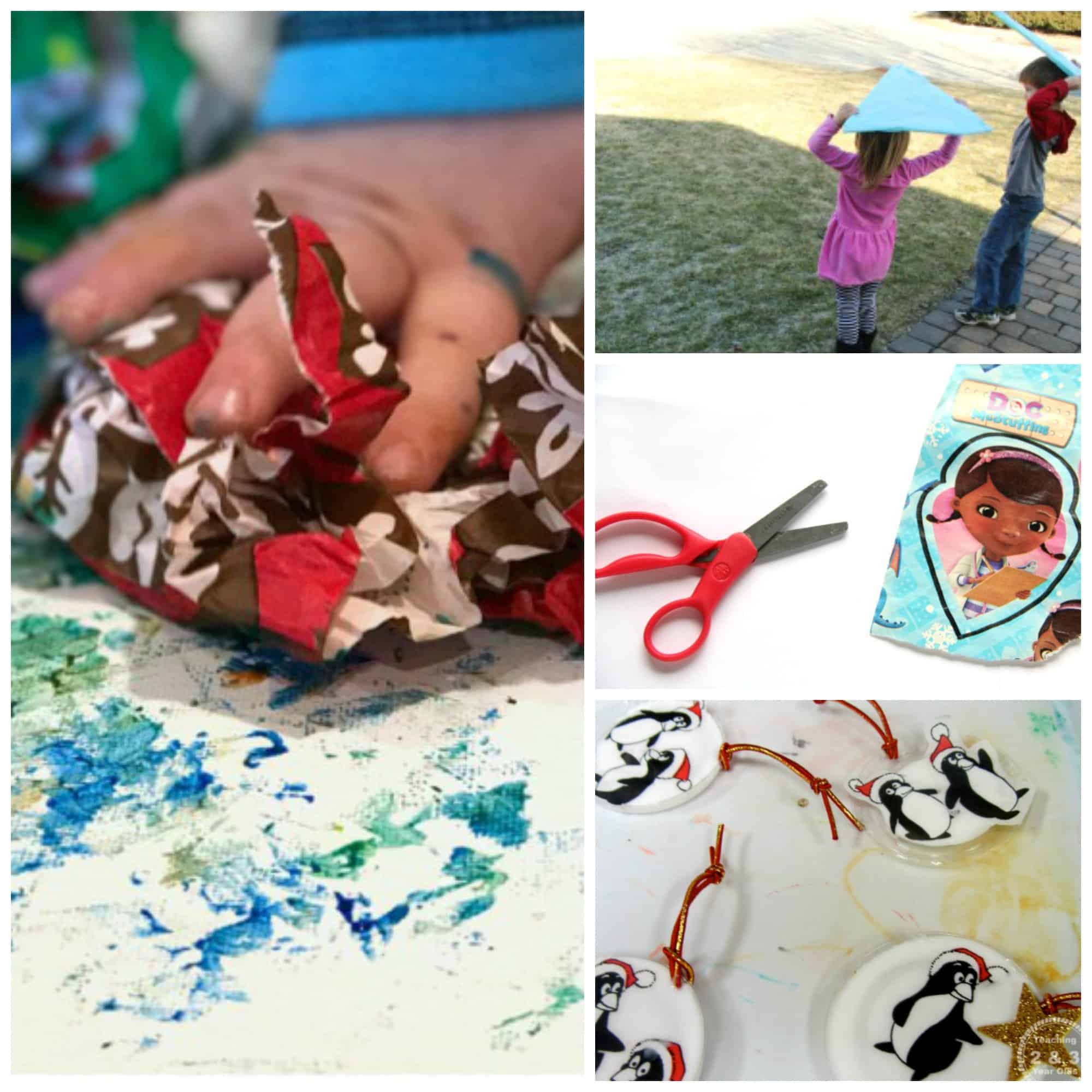 After Christmas or Birthday parties there is so much gift wrap! Recycle and reuse wrapping paper with these play-based learning kids ideas! Some ideas use tissue paper others gift wrap for these kids crafts.