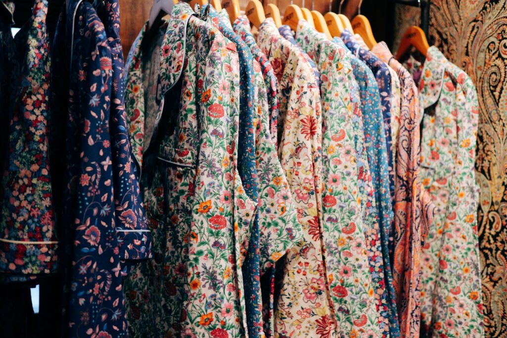 blue and pink floral long-sleeved robes